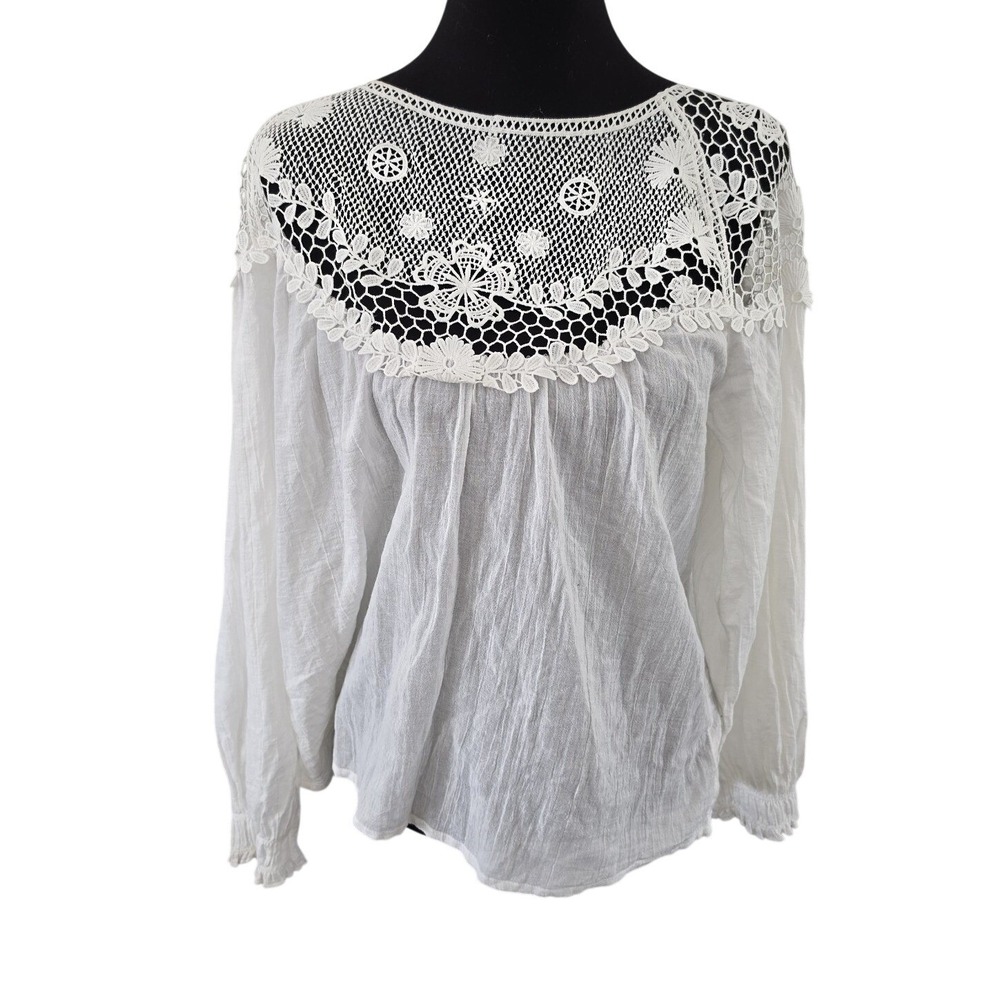 NWT Frye White Crochet Lace Yoke Blouse Top M Bohemian Cottagecore Boho Peasant